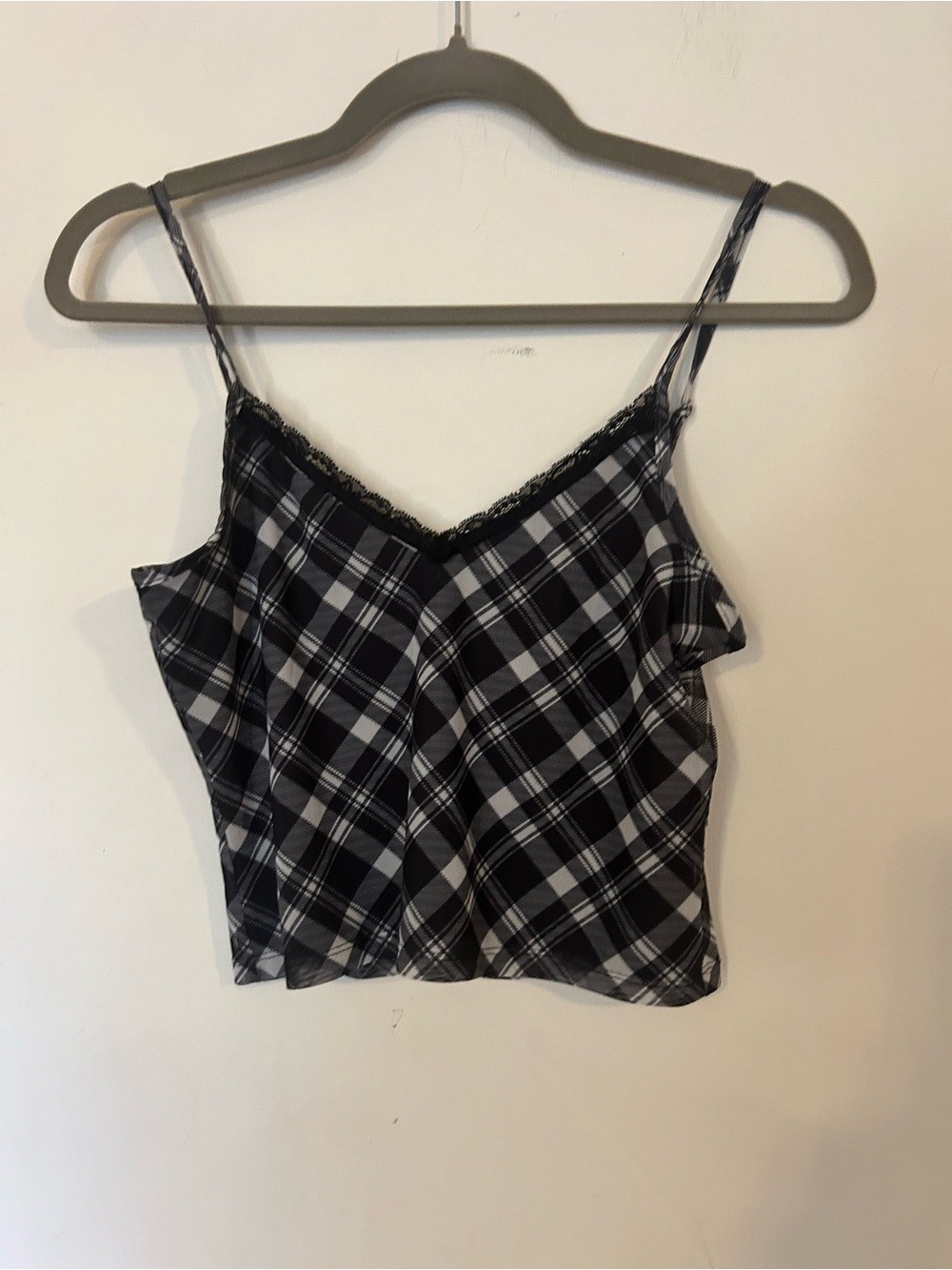 Hollister Black and White Plaid Lace-Trim Cami Medium